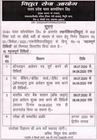 UPPCL Technician Due Date Extension Notice 2020