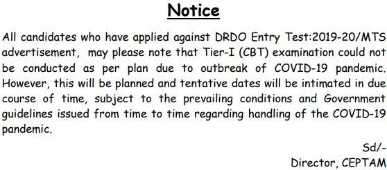 DRDO MTS Exam Date & Admit Card Release Notice 2021