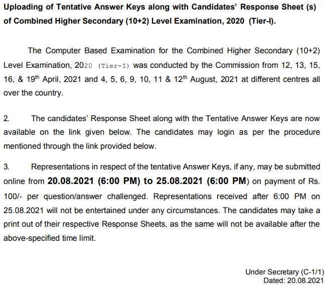 SSC CHSL 2020 Tier 1 Tentative Answer Key Write-up Notice