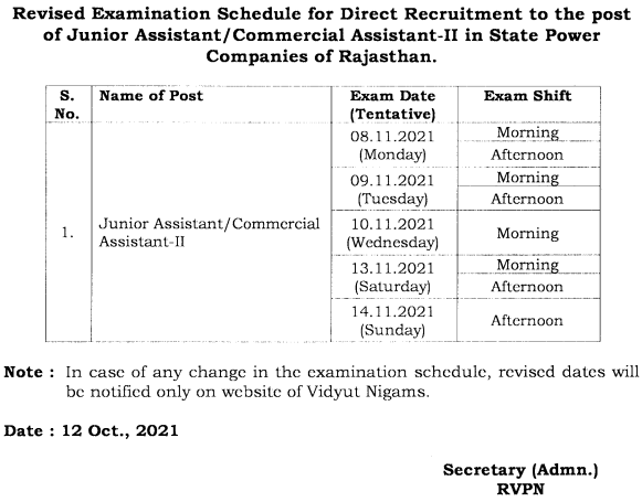 RVPN Junior Assistant Online Exam Revised Schedule 2021