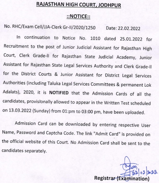 Rajasthan High Court JJA JA Clerk Notice About Uploading of Admit Card 2022