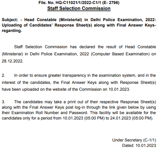 Delhi Police Head Constable Ministerial Final Answer Key Notice 2023
