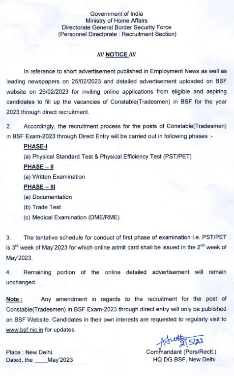 BSF Tradesman 2023 PST PET Exam Date & Admit Card Release Date