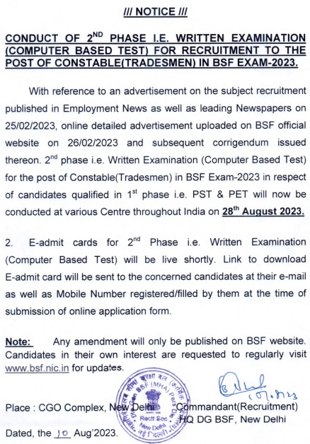 BSF Tradesman Written Exam Admit Card Release Date 2023 Notice