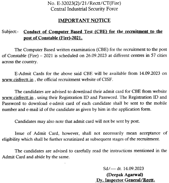 CISF Fire Admit Card Release Date Notice 2023