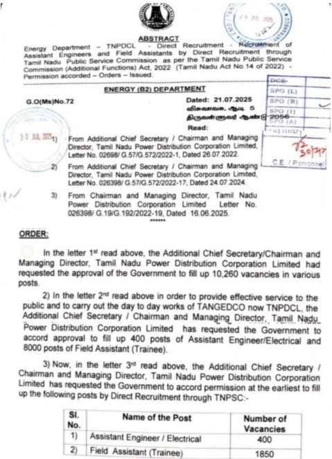 TNEB Field Assistant Government Order 1 2025