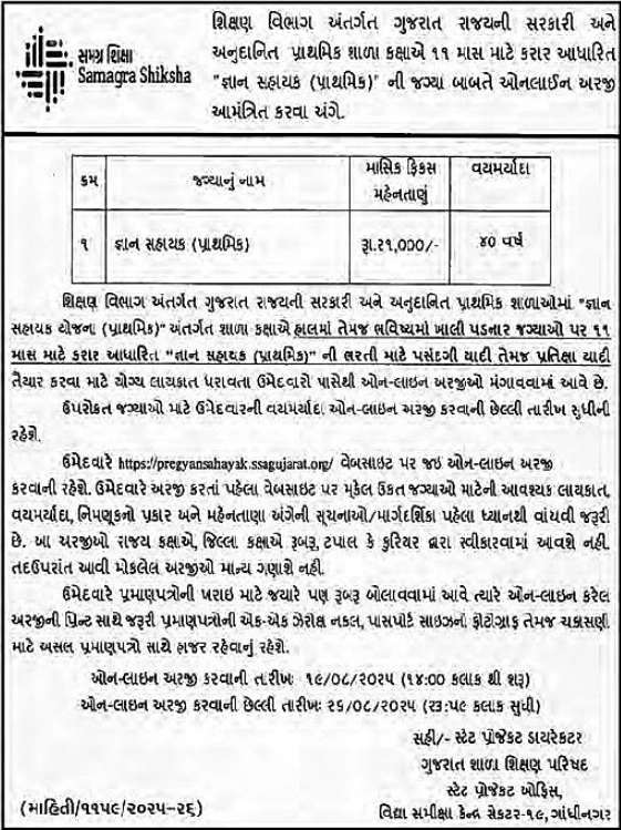 SSA Gyan Sahayak Primary 2025-26 Bharti Gujarat Advertisement